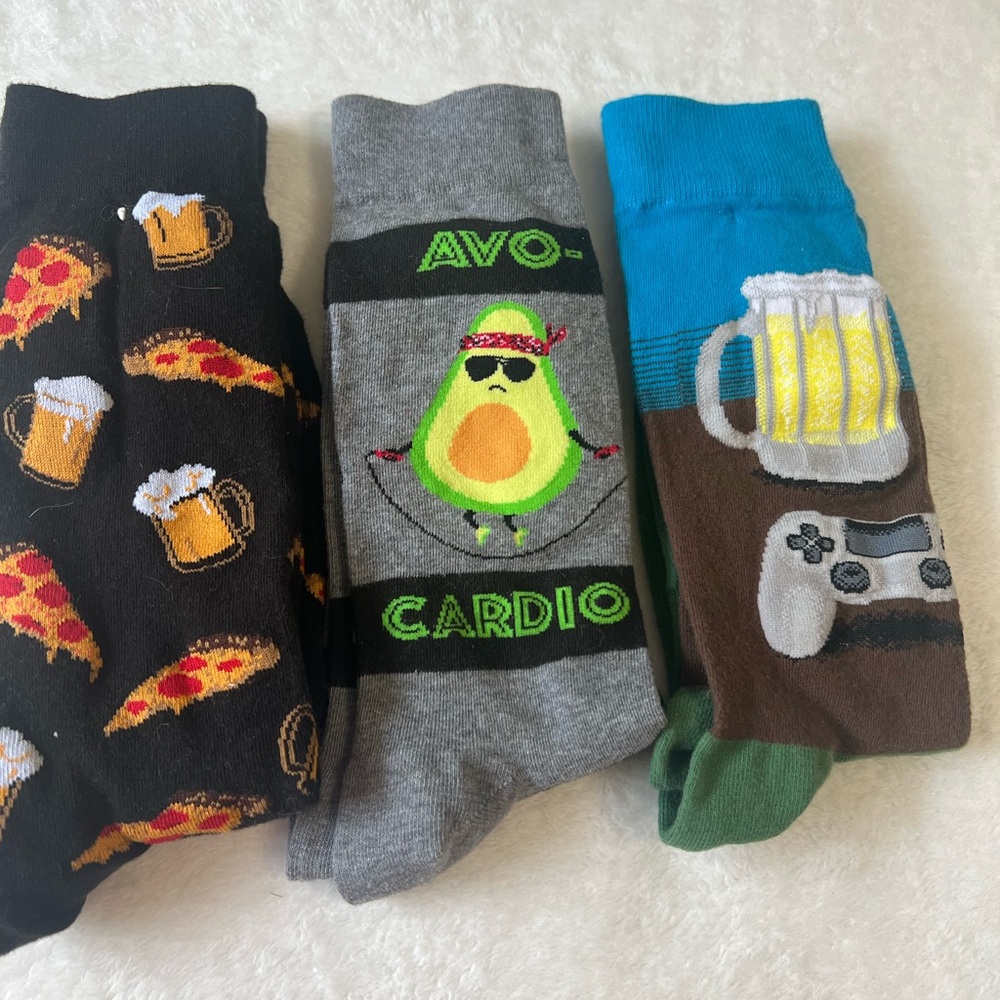Men's Fun Socks Set - Avocado, Pizza, and Beer Designs